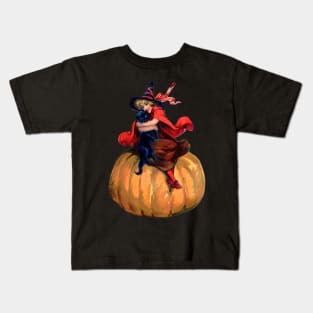 vintage halloween witch and black cat on pumpkin Kids T-Shirt